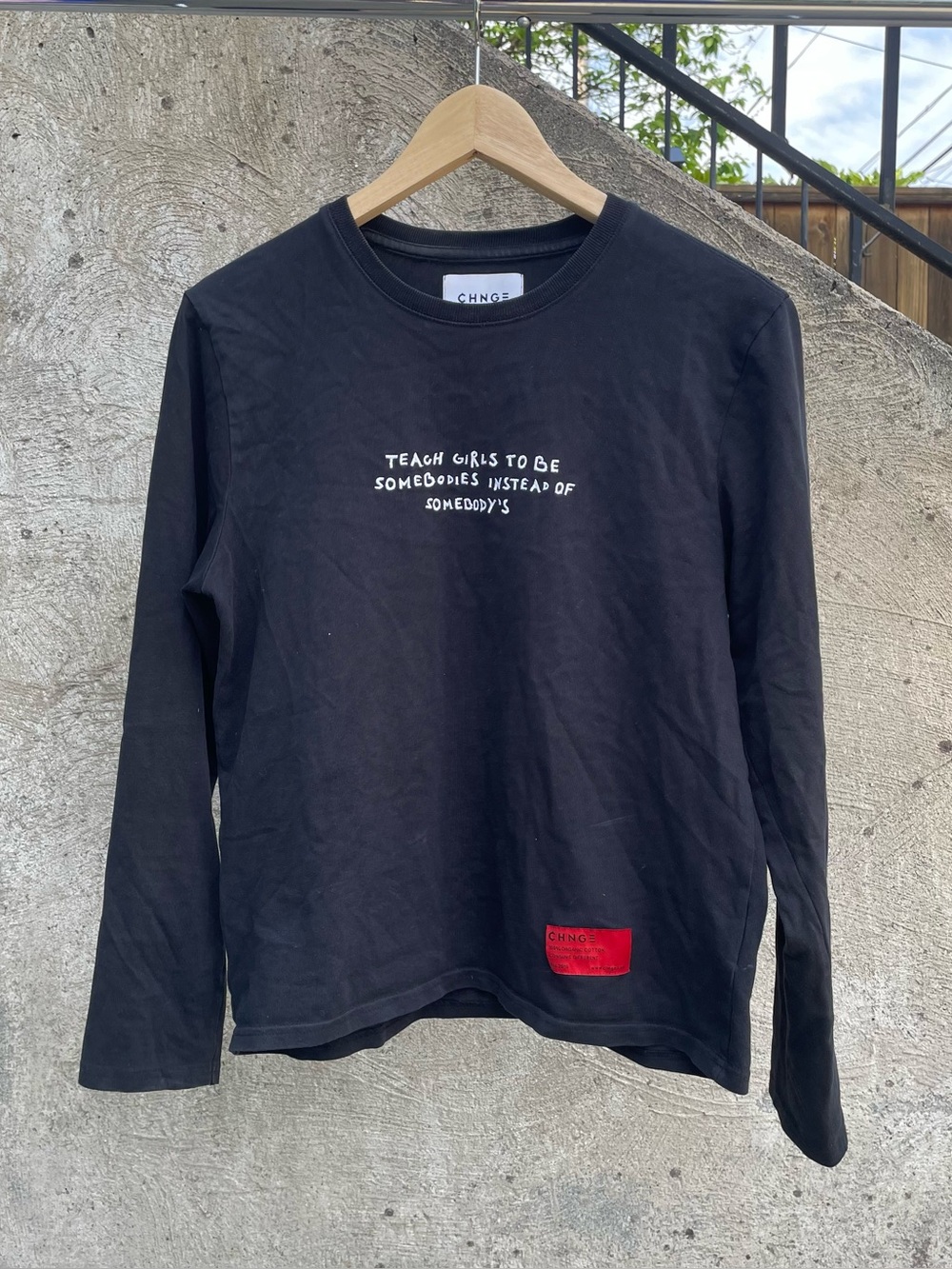 Chnge brand double sided long sleeve feminist t shirt size medium (18.5x23)
